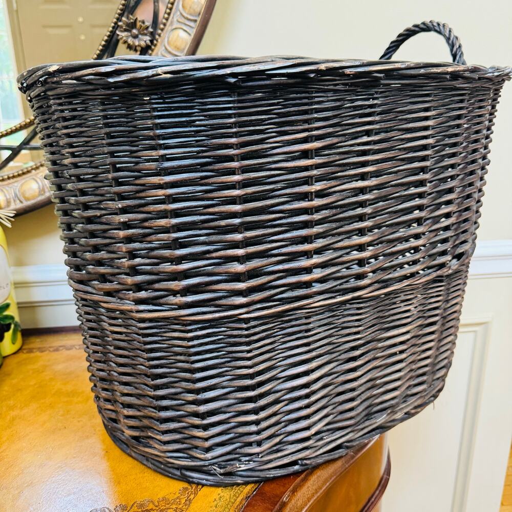 Boho Extra Large Deep Oval Dark Brown Rattan Storage Basket w Braid Loop Handle